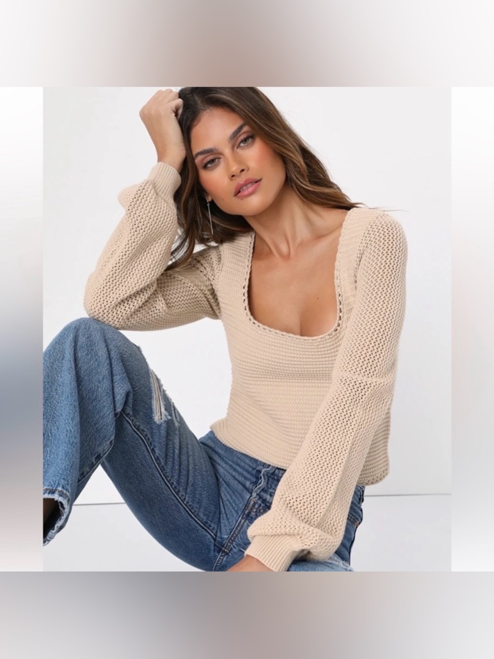 Lulu's Tan Scoop Neck Sweater Best Essence Beige Knit Long Sleeve New NWT 2025